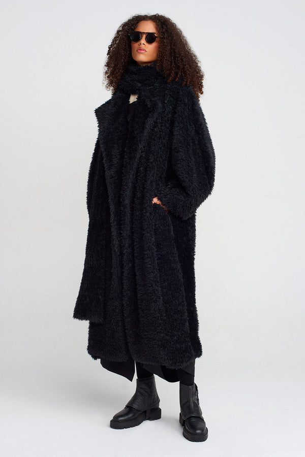 NU Furry Shawl Collar Coat Black
