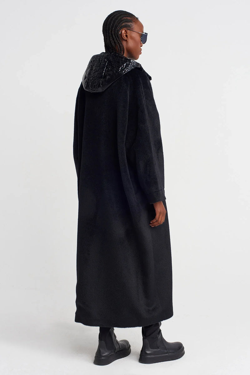 NU Long Fuzzy Coat With Shiny Hood Detail Black