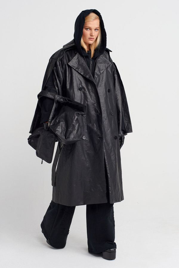Nu Oversized Leather Trench Coat Black