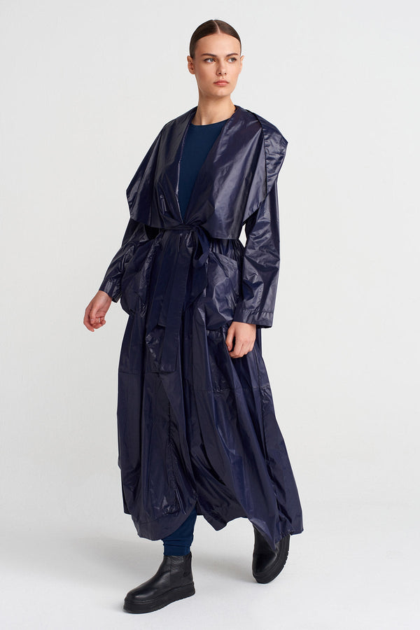 Nu Shiny Fabric Belted Long Coat Blue Night