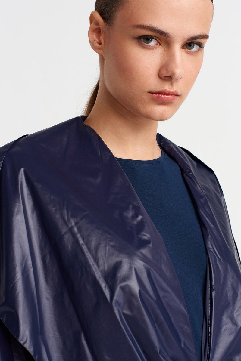 Nu Shiny Fabric Belted Long Coat Blue Night