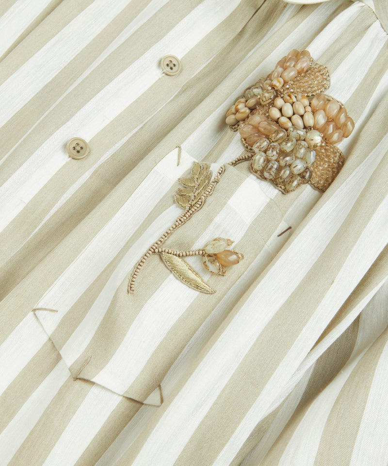 Machka Flower-Embroidered Striped Shirt Dress Stone