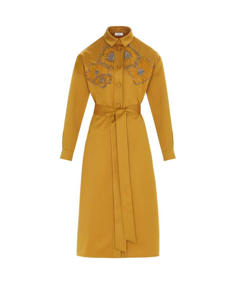 Machka Floral Embroidered Belted Dress Yellow