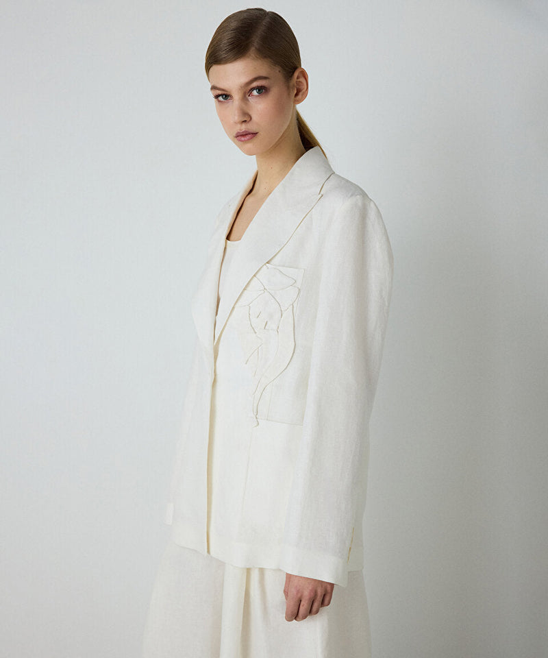 Machka Floral Applique Linen Blazer White