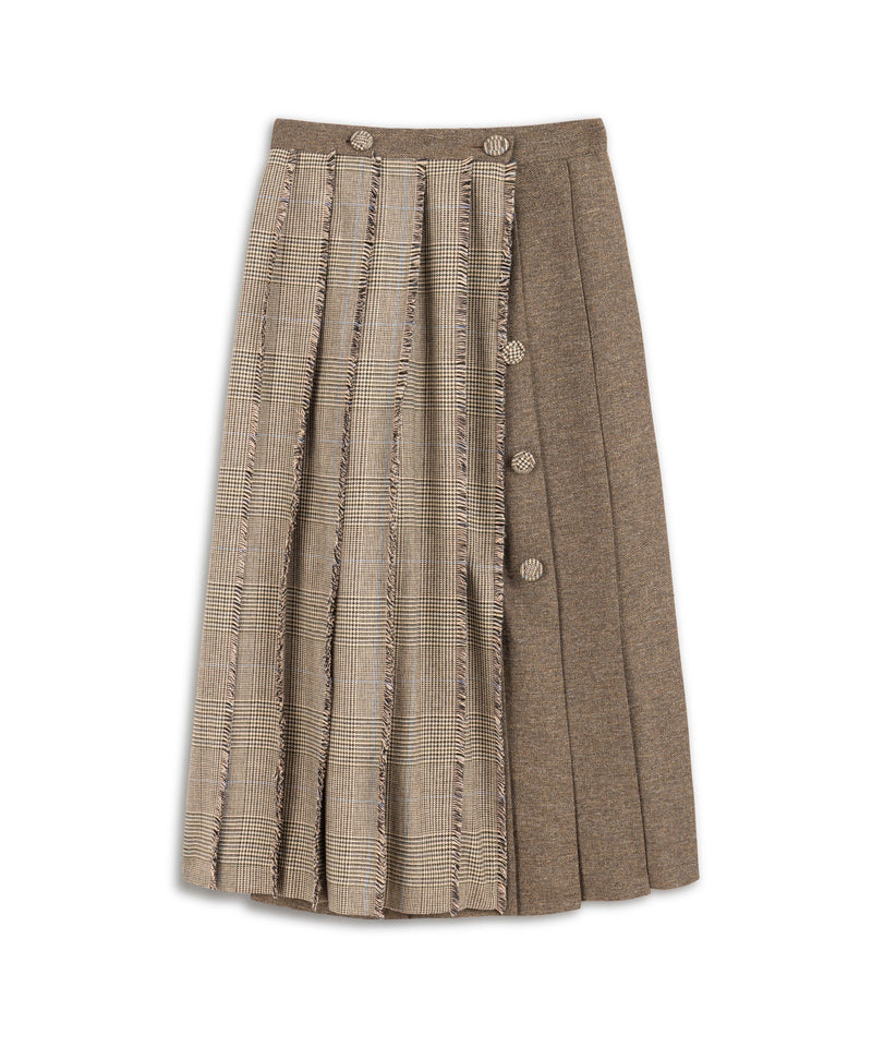 Machka Plaid Pattern Mix Midi Skirt Stone