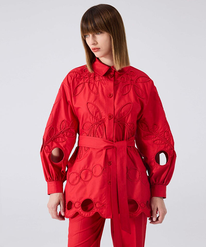 Machka Flower Embroidered Shirt Jacket
 Red