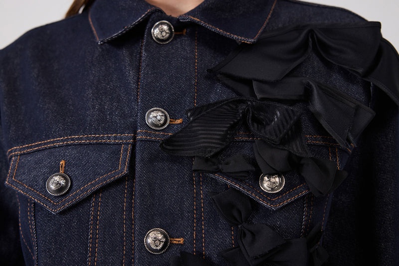 Machka Denim Jacket With Bow Embroidery Navy