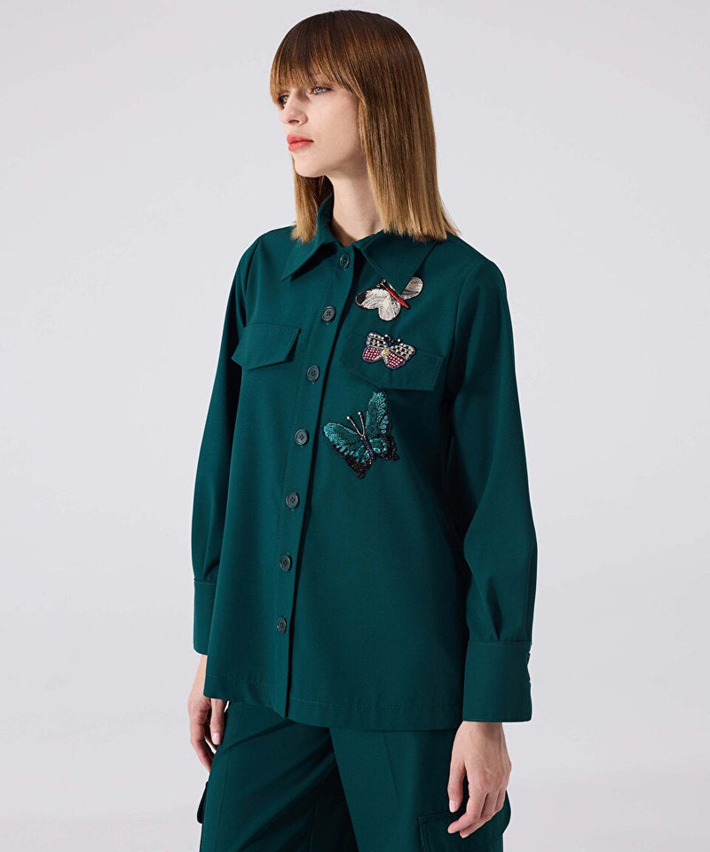 Machka Butterfly Embroidered Shirt Jacket Dark Green