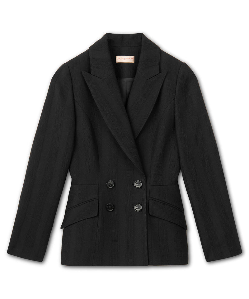 Machka Striped Textured Wool Blazer Black