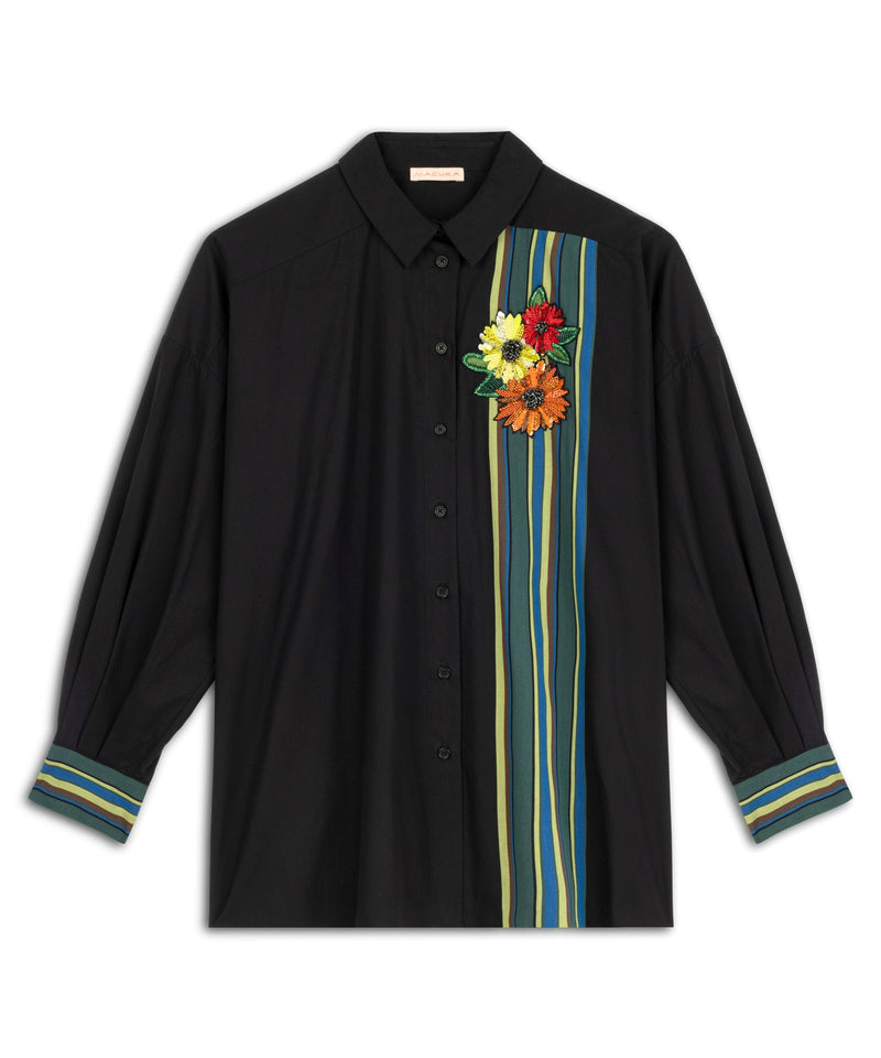 Machka Stripe Pattern Mix Embroidered Shirt Black