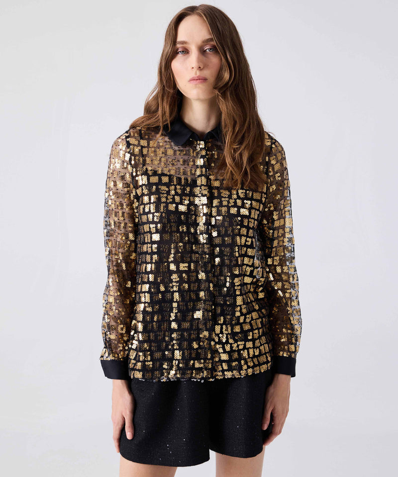 Machka Satin Duchess Garnish Sequined Shirt Black