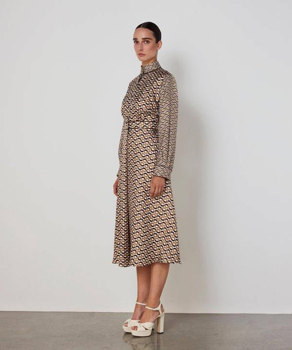 Machka Patterned High-Neck Silk Dress Cinnamon