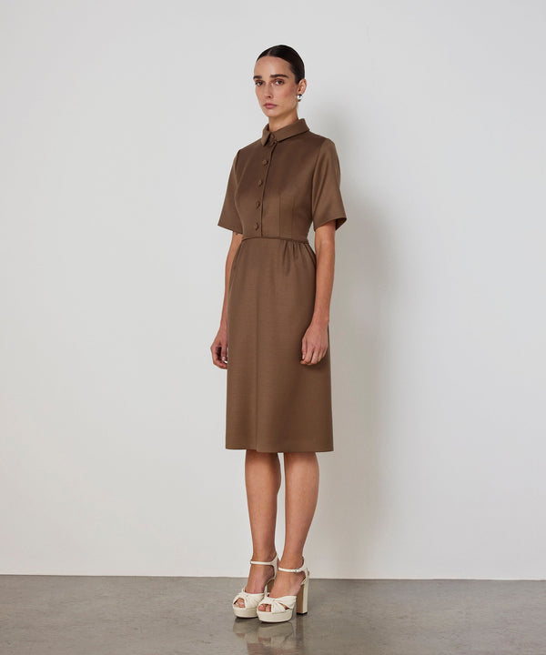 Machka Shirt-Collar Wool Dress Dark Beige