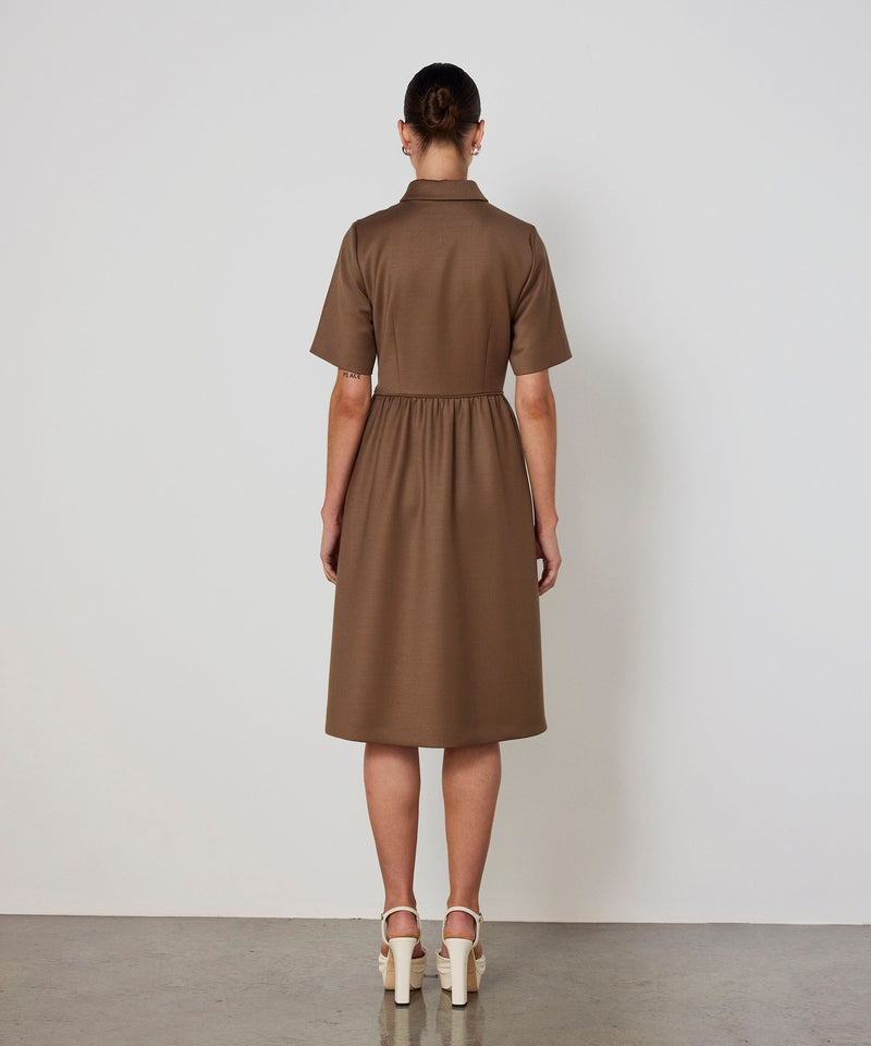 Machka Shirt-Collar Wool Dress Dark Beige