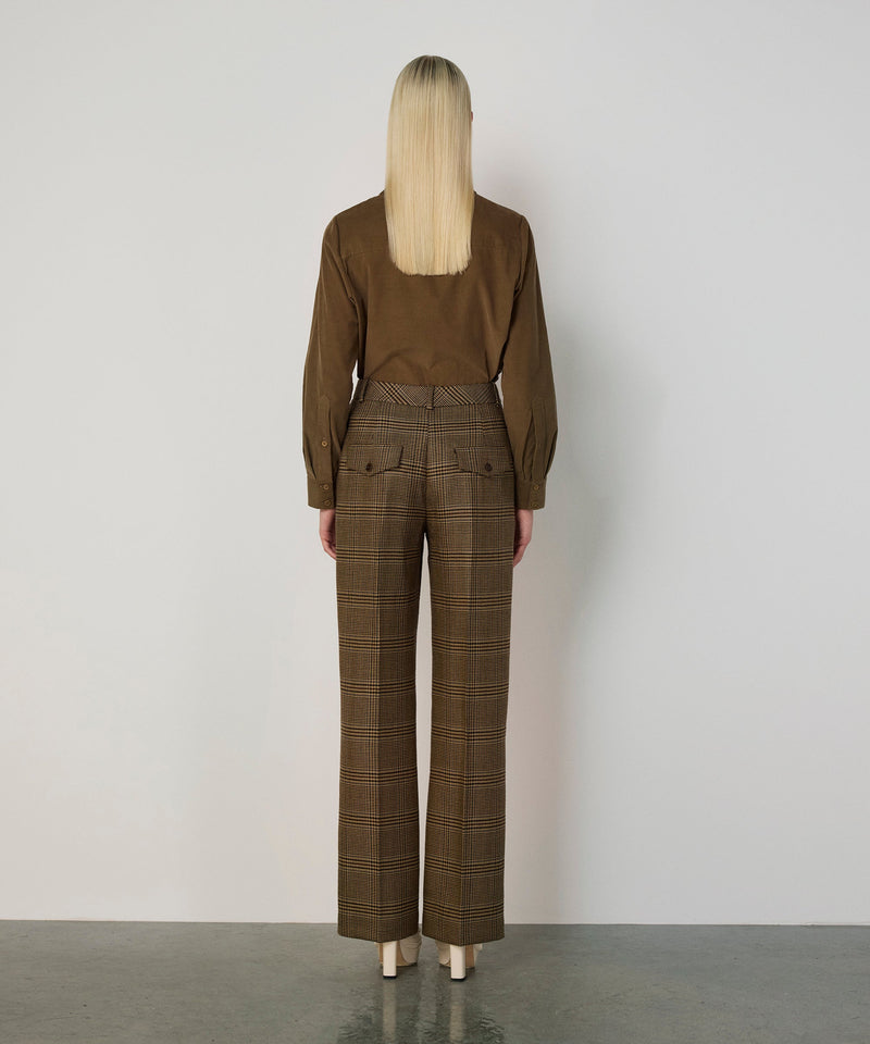 Machka Plaid Pattern Wool Trousers Dark Beige