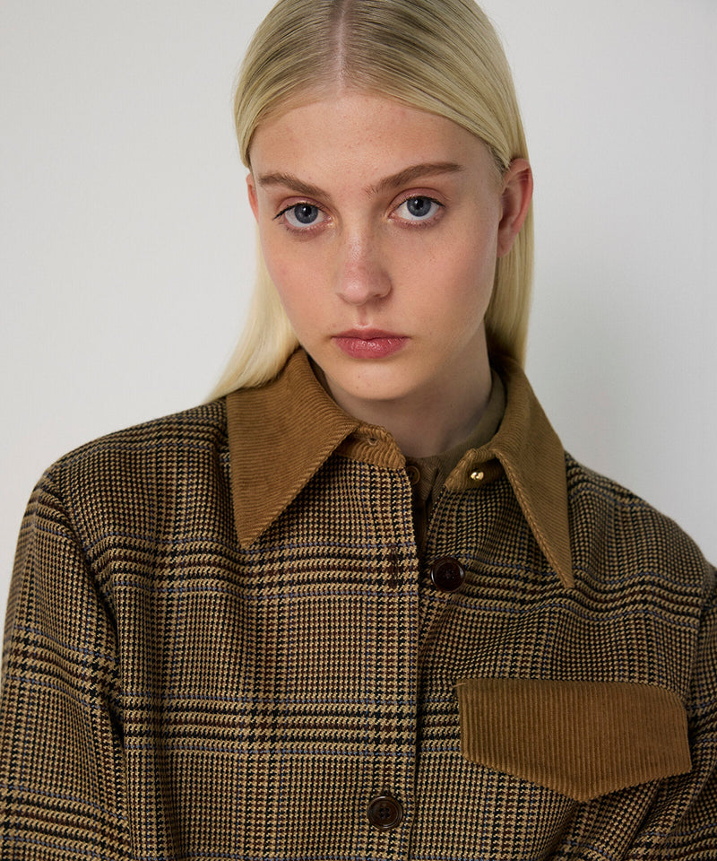 Machka Plaid Pattern Blazer With Contrast Collar Dark Beige