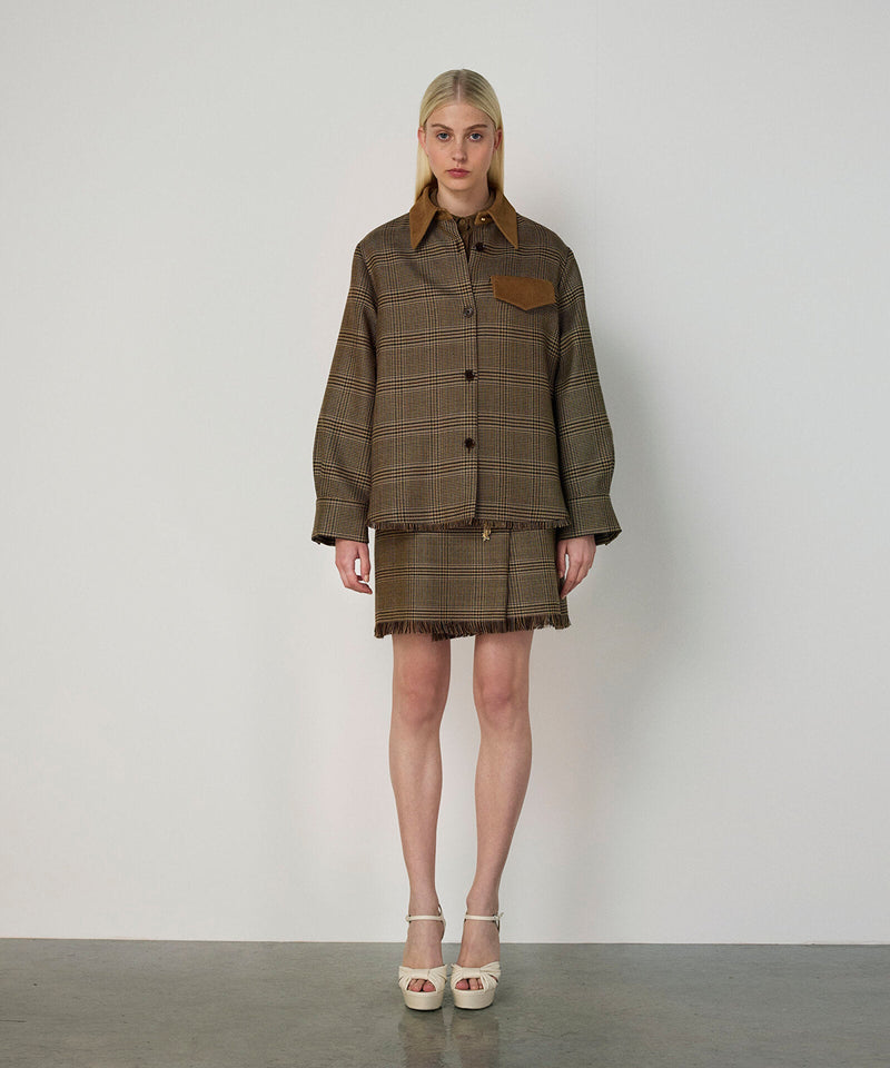 Machka Plaid Pattern Blazer With Contrast Collar Dark Beige