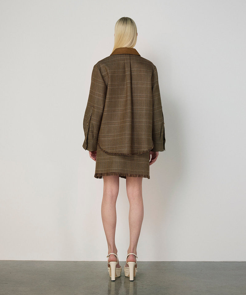 Machka Plaid Pattern Blazer With Contrast Collar Dark Beige