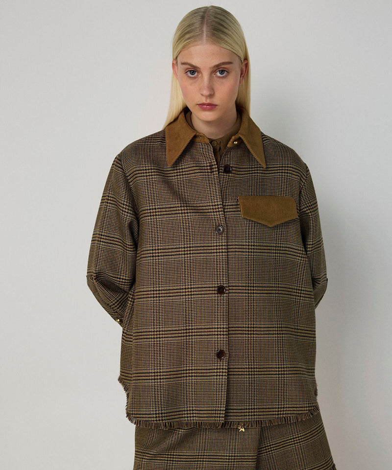 Machka Plaid Pattern Blazer With Contrast Collar Dark Beige