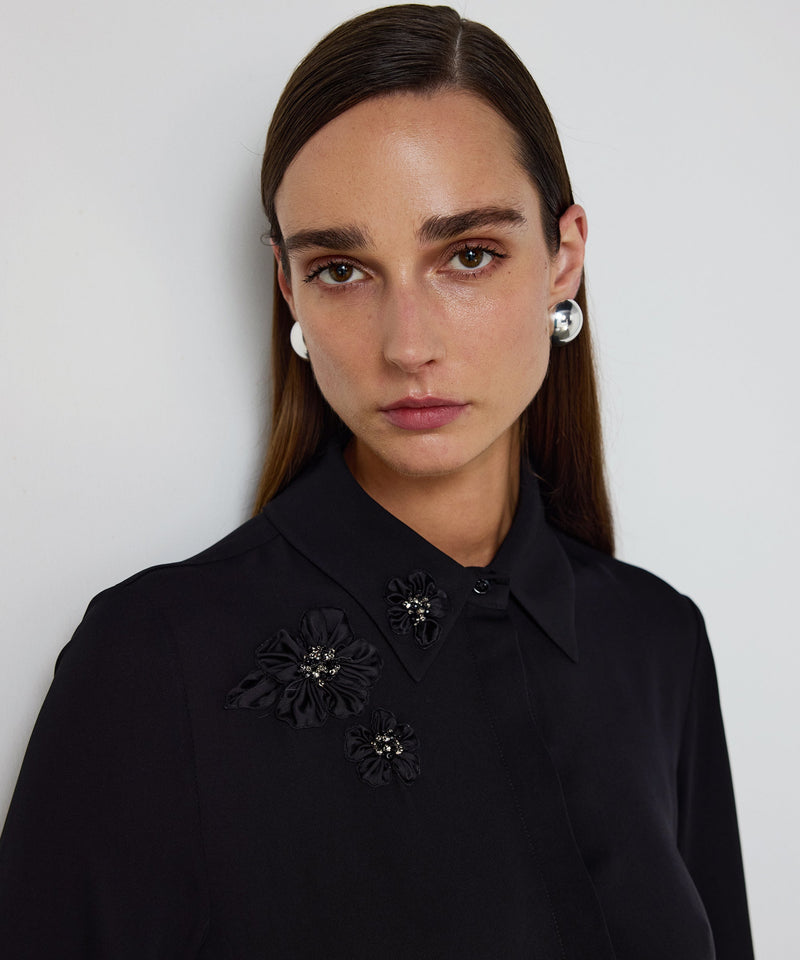 Machka Floral-Appliqué Silk Blouse Black