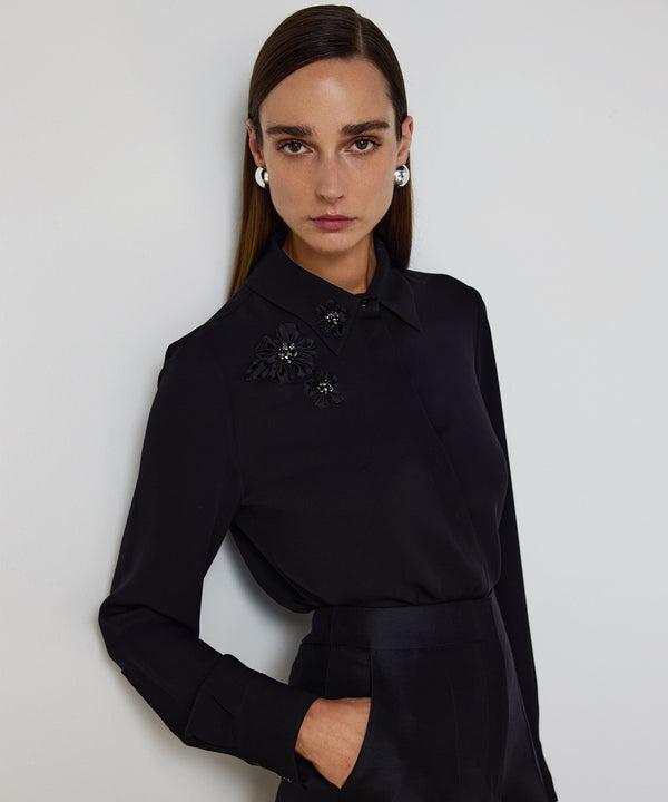 Machka Floral-Appliqué Silk Blouse Black