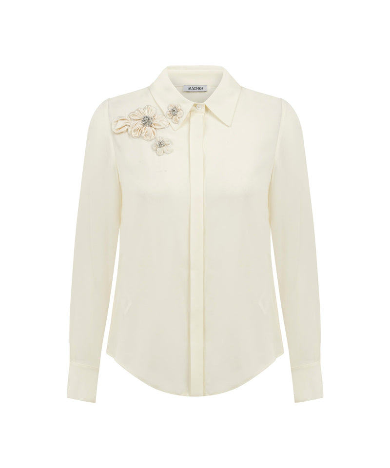 Machka Floral-Appliqué Silk Blouse Ecru