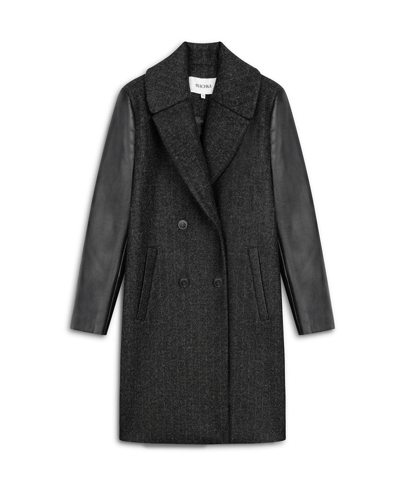 Machka Leather-Blend Linear Pattern Coat Anthracite