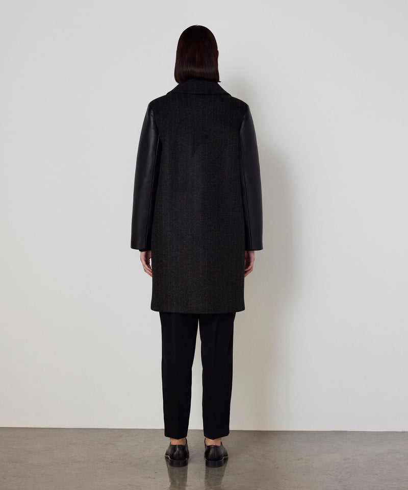 Machka Leather-Blend Linear Pattern Coat Anthracite