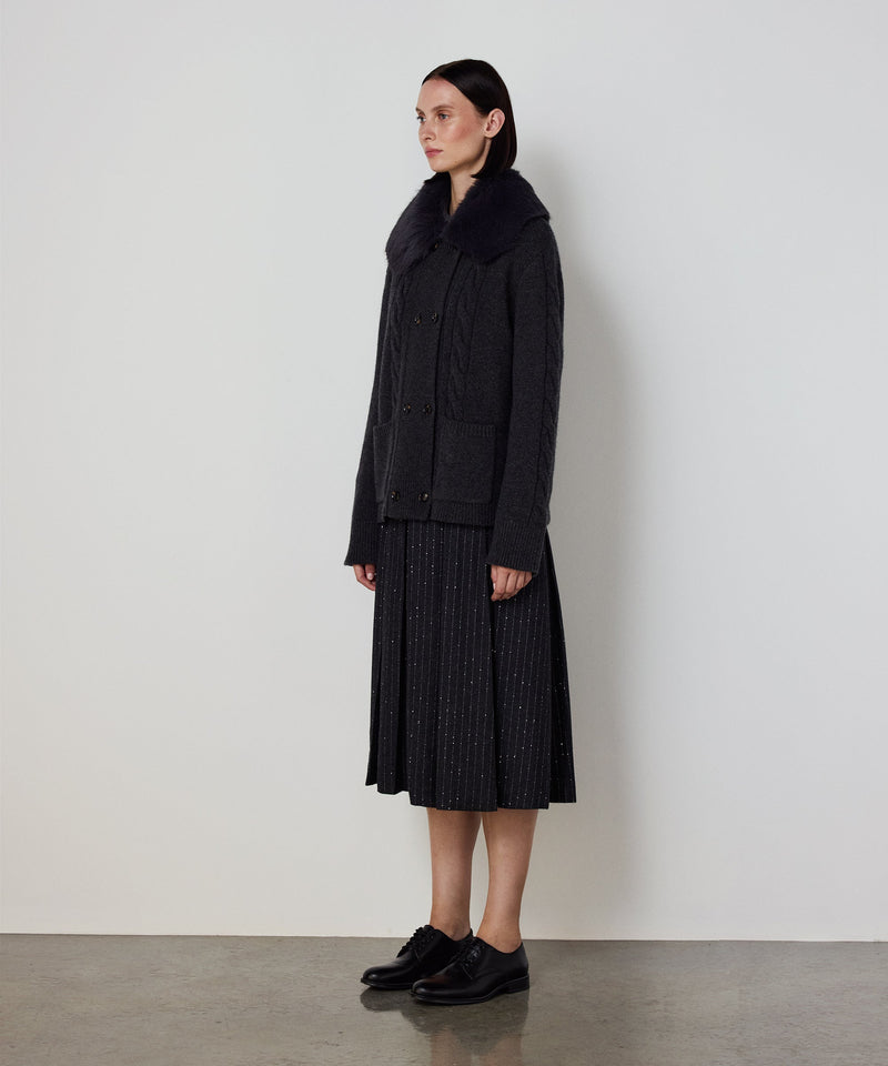 Machka Wool Cardigan With Faux Fur Anthracite - Black
