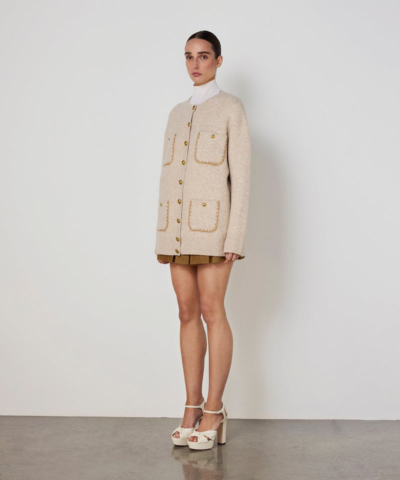 Machka Knit Cardigan With Contrast Embroidery Beige Melange