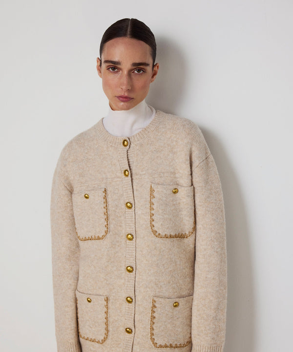 Machka Knit Cardigan With Contrast Embroidery Beige Melange