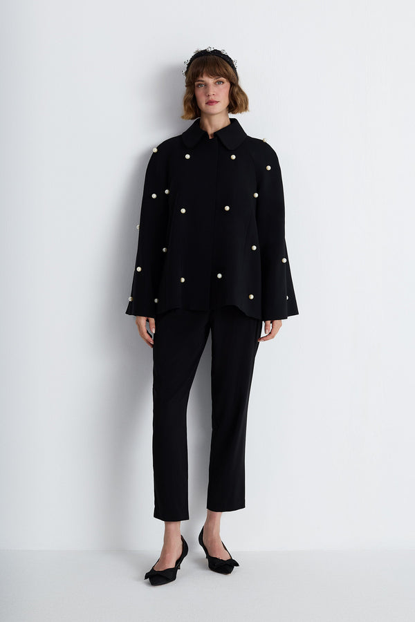 Nean Pearl-Embellished Flared Sleeve Jacket
 Black