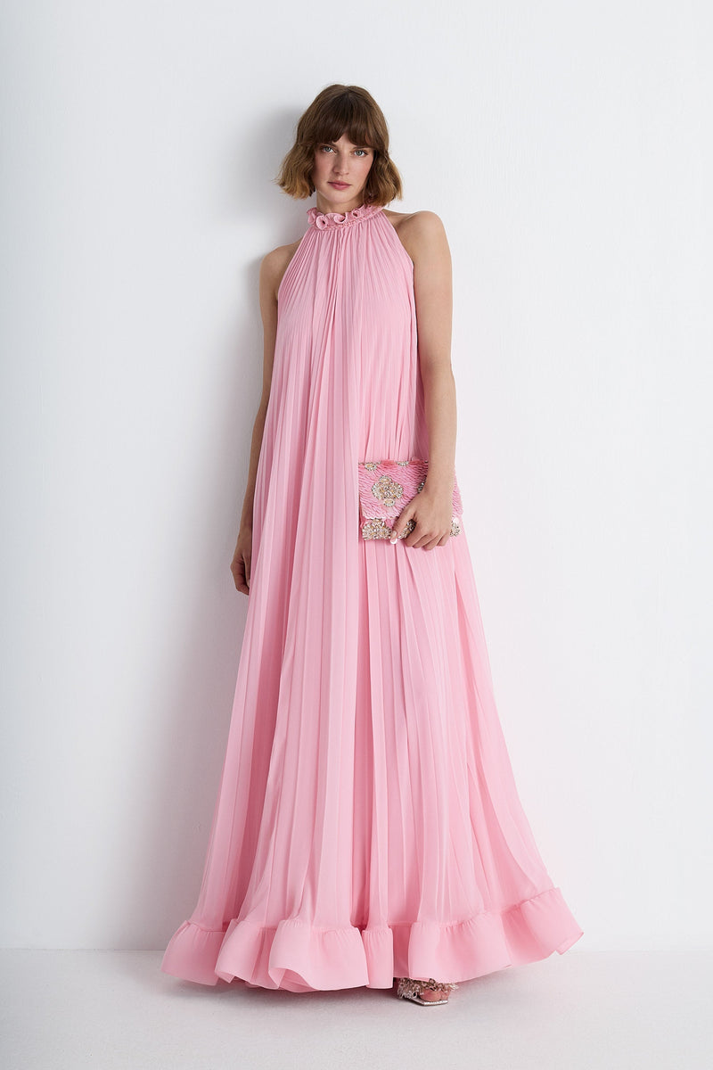 Nean Pleated Halter Neck Gown Pink