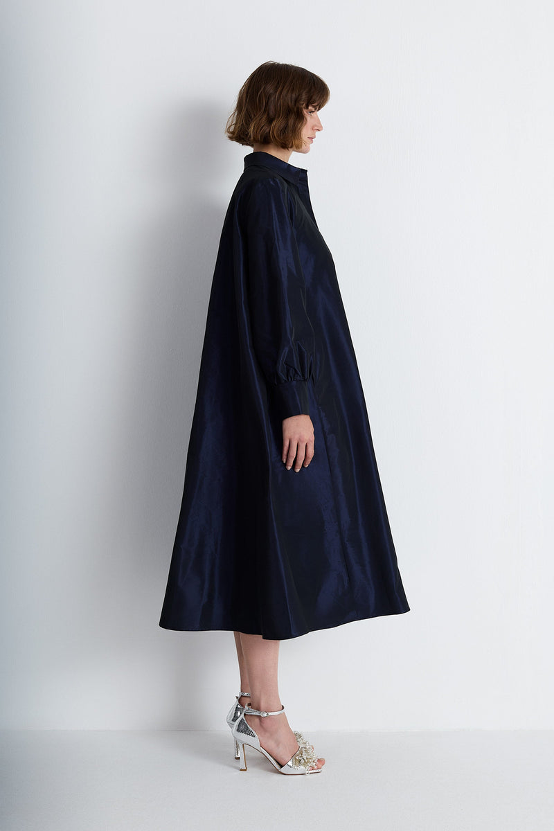 Nean Shirt-Collar A-Line Midi Dress Navy
