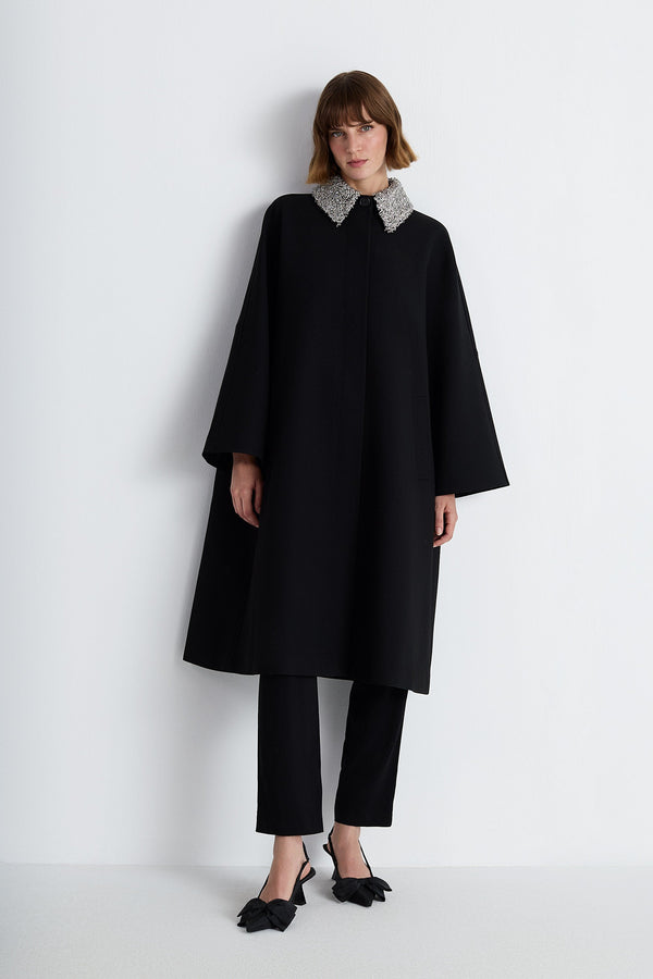 Nean Embellished Collar A-Line Coat Black