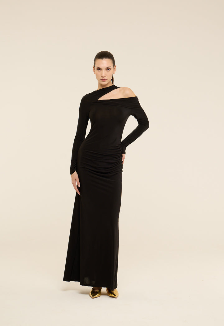 Riva Shoulder Cutout Gathered Gown Dress Black