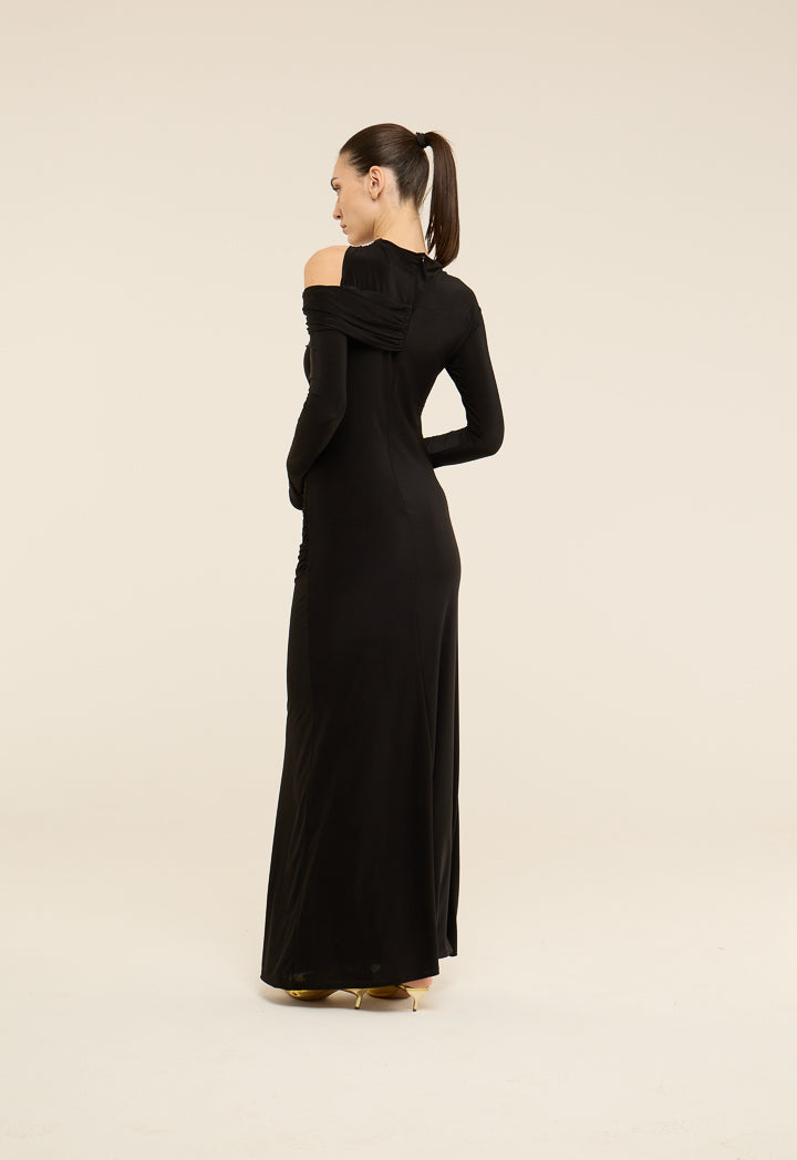 Riva Shoulder Cutout Gathered Gown Dress Black