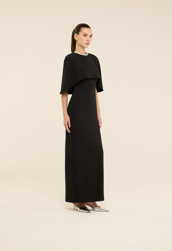 Riva Crystal Embellished Cape Gown Dress Black