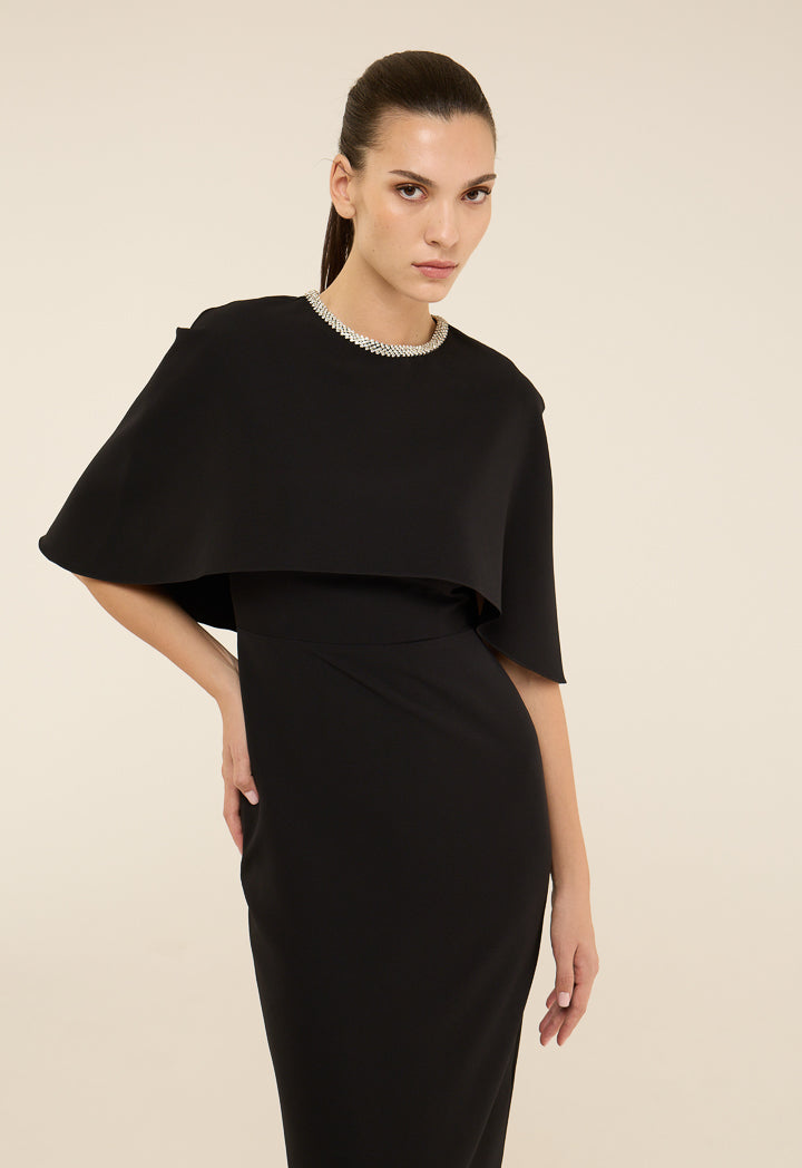 Riva Crystal Embellished Cape Gown Dress Black