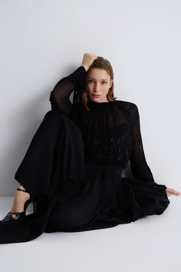 Nean Romantic Silk Chiffon Sheer Blouse Black