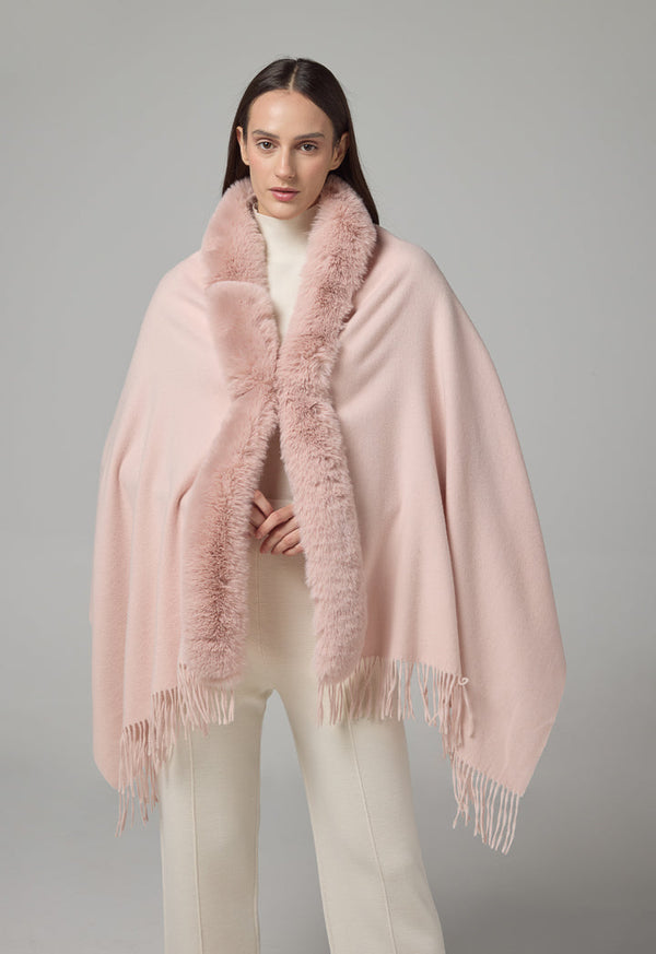 Choice Faux Fur Embellished Poncho Pink