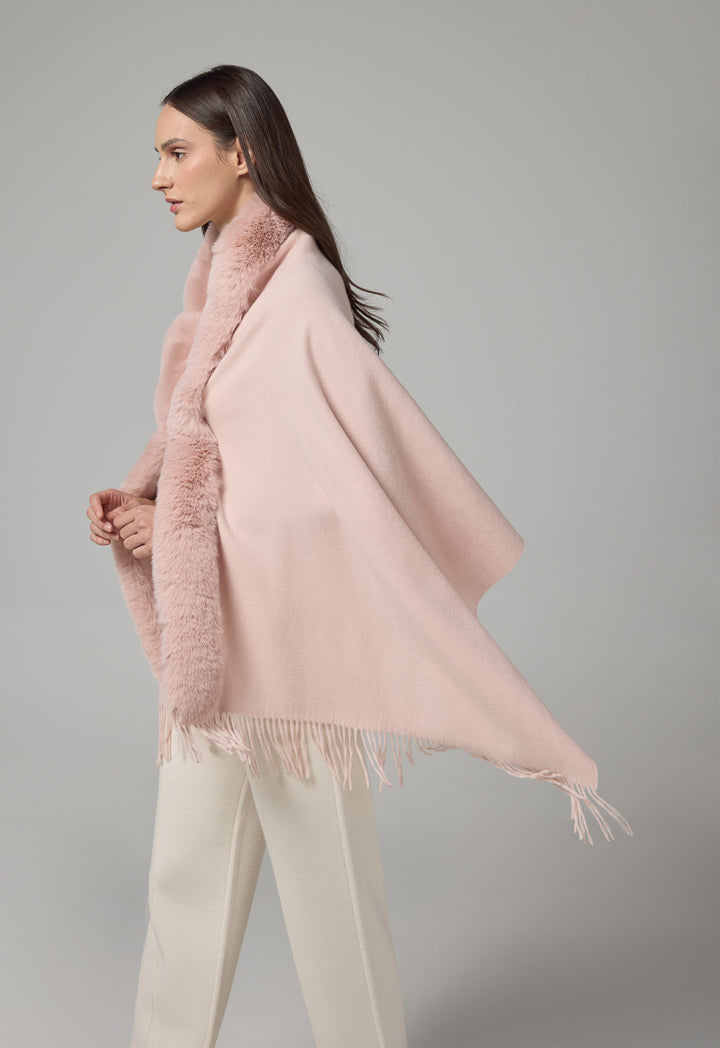 Choice Faux Fur Embellished Poncho Pink