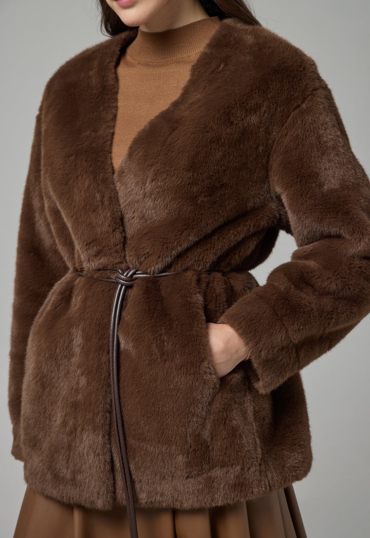 Choice Belted Faux Fur Poncho Brown