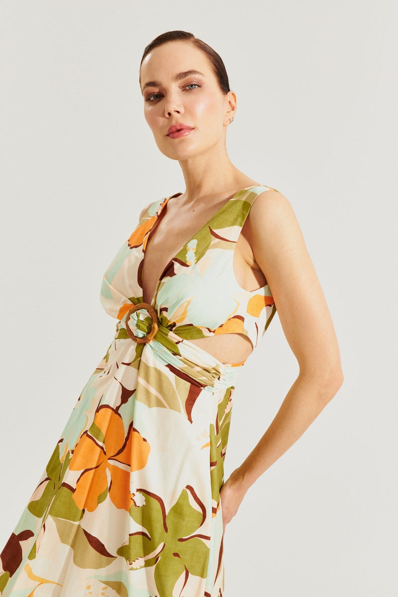 Setre Printed Cutout Detail Dress Beige/Khaki