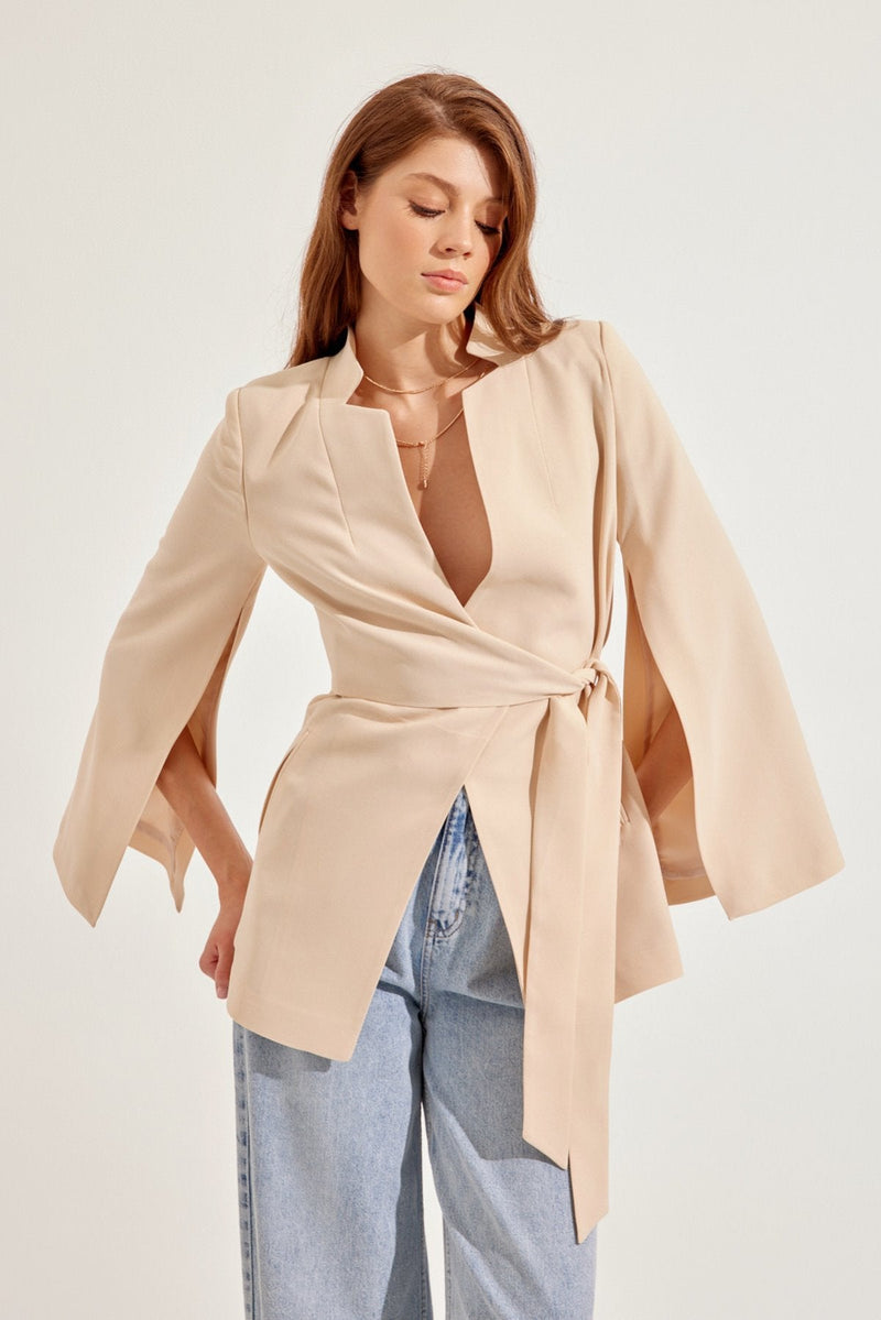 Setre Sleeve Detailed Jacket With Tie Detail Beige