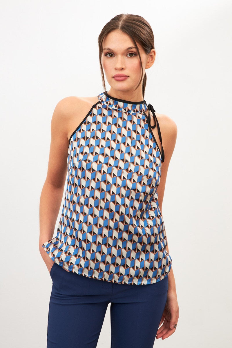 Setre Patterned Halter Neck Tie Detail Blouse Beige/Blue