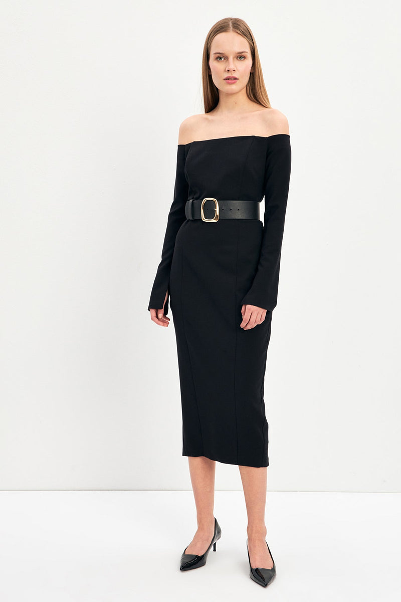 Setre Off-The-Shoulder Belted Dress Black