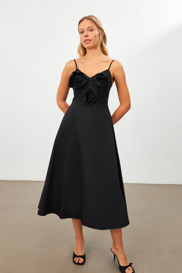 Setre Flower-Embroidered Midi Dress Black