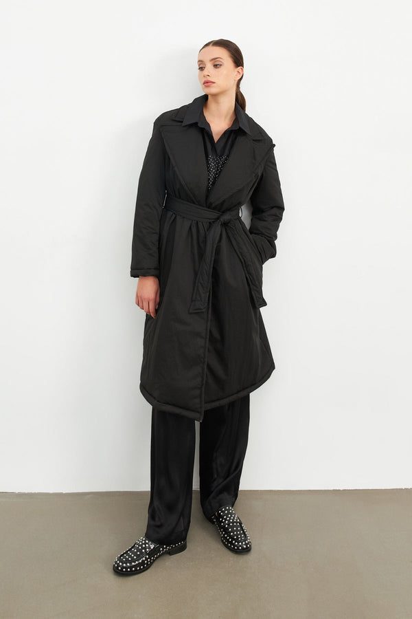 Setre Shiny And Belt Detailed Long Coat Black