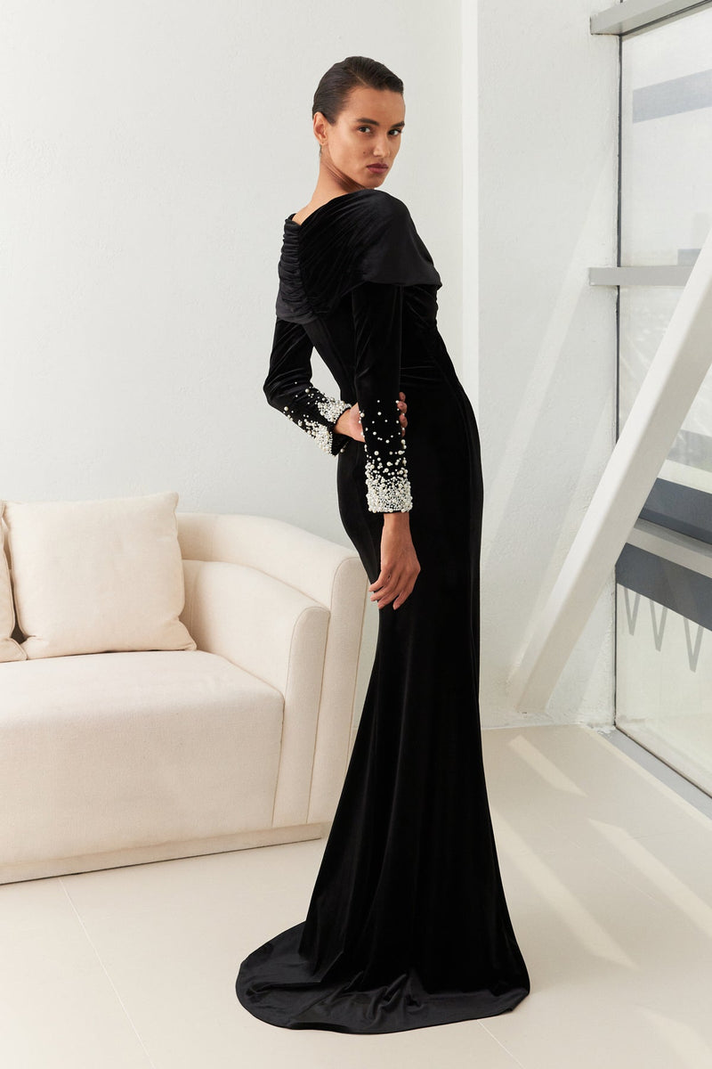 Setre Sleeve Detailed V-Neck Evening Dress Black